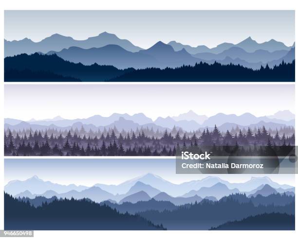 Vector Illustration Set Of Horizontal Backgrounds With Wild Nature Mountains With Forest In Morning Fog Stock Illustration - Download Image Now