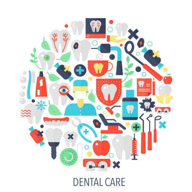 Dental care flat infographics icons in circle - color concept illustration for dental cover, emblem, template. Dental care infographics icons in circle - color concept illustration for cover, emblem, template cute cartoon dental implants stock illustrations