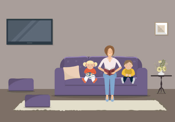 ilustraciones, imágenes clip art, dibujos animados e iconos de stock de mamá leyendo un libro a los niños en la sala de estar - family sofa vector illustration and painting