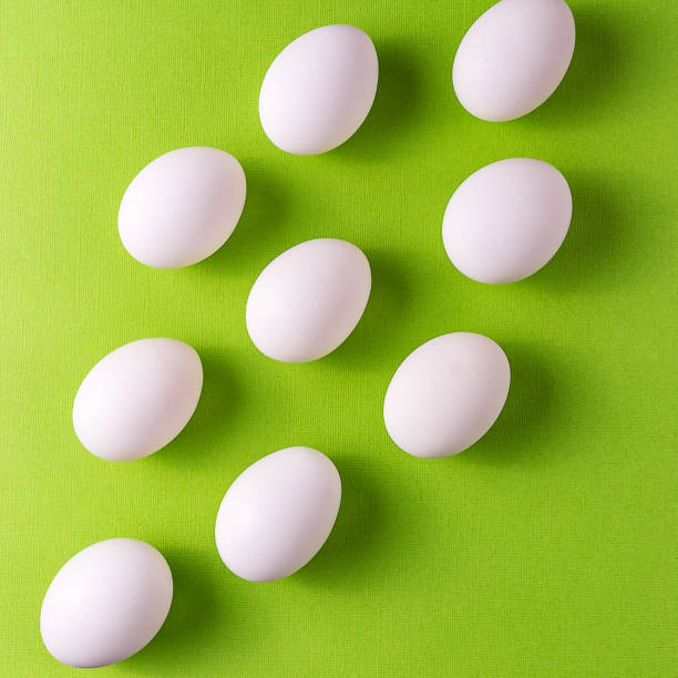 istock Organic white eggs in a raw on pastel backgound. 946651660