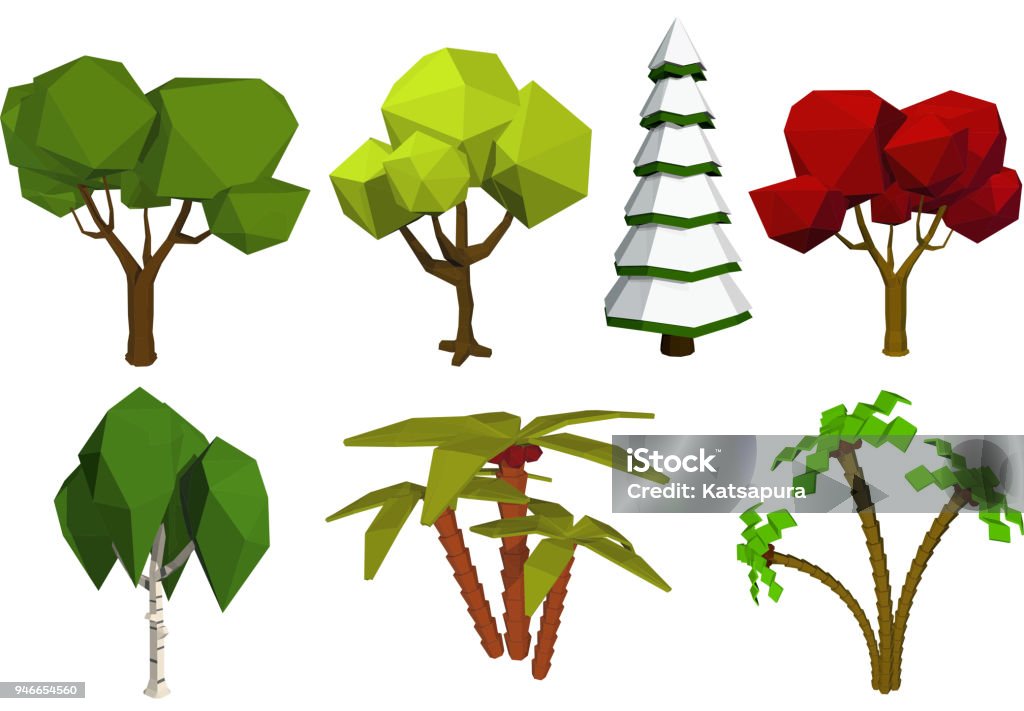 Low poly trees. Vector set of trees in the style of low poli. Birch, spruce, oak, palm. Stock "nvector illustration Low stock vector