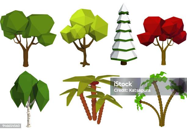 Low Poly Trees Vector Set Of Trees In The Style Of Low Poli Birch Spruce Oak Palm Stock Nvector Illustration Stock Illustration - Download Image Now