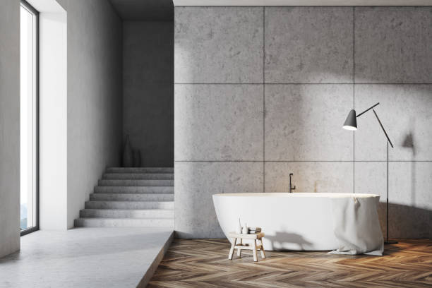 istock Gray bathroom with stairs 946654778