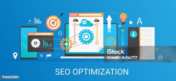 Flat Modern Vector Concept Seo Optimization And Analytics Banner With Icons And Text Stock Illustration - Download Image Now