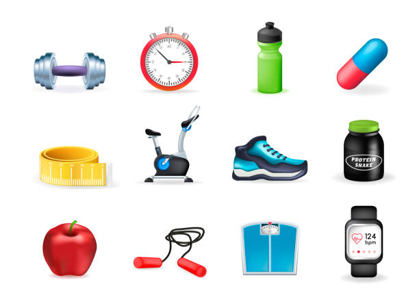 illustrazioni stock, clip art, cartoni animati e icone di tendenza di insieme di elementi fitness su sfondo bianco . illustrazione vettoriale isolata - exercise equipment weights jump rope shoe