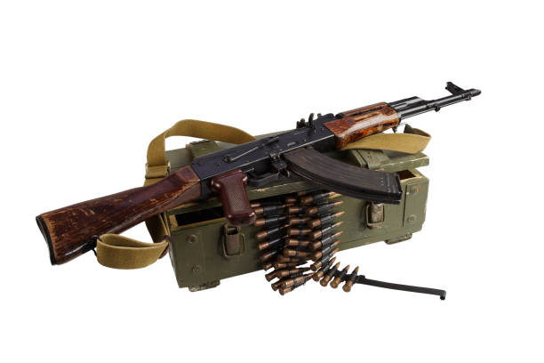 army box of ammunition with AK rifle and ammunition army box of ammunition with AK rifle and ammunition isolated ak 47 bullets stock pictures, royalty-free photos & images