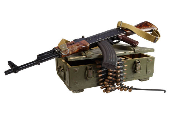 army box of ammunition with AK rifle and ammunition army box of ammunition with AK rifle and ammunition isolated ak 47 bullets stock pictures, royalty-free photos & images