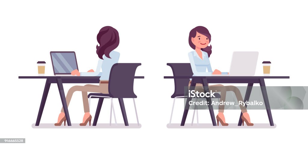 Smart casual woman sitting and working Attractive young woman in buttoned up shirt and camel skinny chino trousers, working at desk with computer. Business stylish workwear trend, office city fashion. Vector flat style cartoon illustration Office stock vector