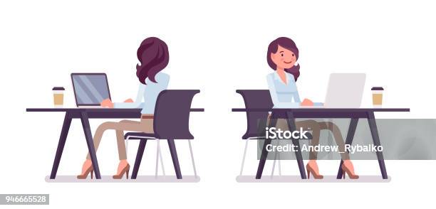 Smart Casual Woman Sitting And Working Stock Illustration - Download Image Now - Office, Desk, Women