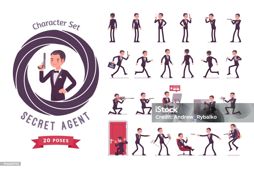 Secret agent man ready-to-use character set Secret agent man, gentleman spy of intelligence service, collect political data, business information, ready-to-use character set. Full length, different views, gestures, emotions, front, rear view Spy stock vector