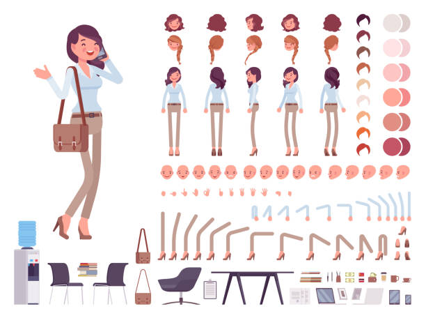 ilustrações, clipart, desenhos animados e ícones de mulher casual inteligente conjunto de criação de personagem - people equipment healthcare and medicine slim