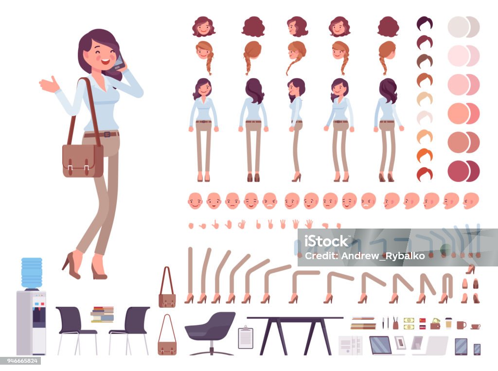 Smart casual woman character creation set Smart casual woman character creation set. Business stylish workwear, office fashion. Full length, different views, emotions, gestures. Build own design. Cartoon flat-style infographic illustration Characters stock vector