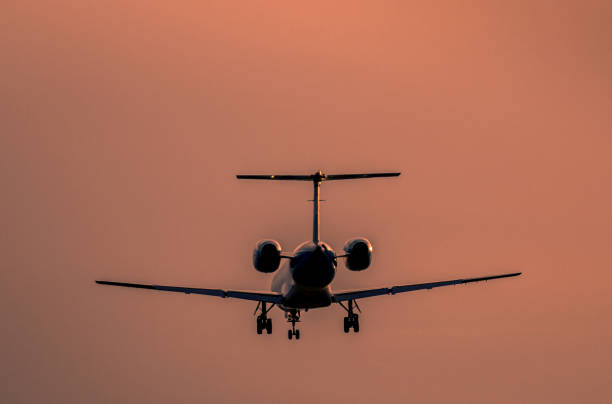 istock Airplane landing at sunset 946666188