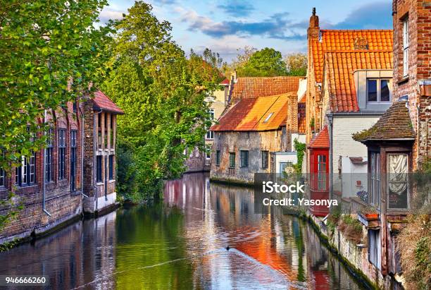 Bruges Belgium Medieval Ancient Houses Stock Photo - Download Image Now - Bruges, Belgium, Canal