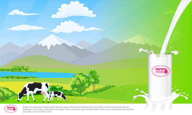 ilustraciones, imágenes clip art, dibujos animados e iconos de stock de vidrio en splash de leche. hermosa naturaleza paisaje montaña y prado de campos con vacas. - splash mountain