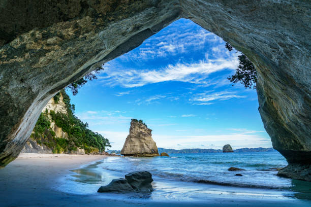 vista desde la cueva en la catedral cove, coromandel, nueva zelanda 46 - new zealand cathedral cove sea sand fotografías e imágenes de stock