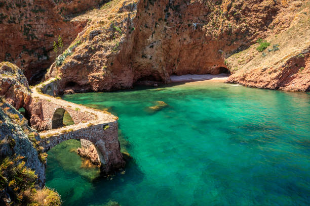 Acess bridges to Berlengas São João Baptista's fort surrounded by crystal water in Berlenga Island, Portugal. stock photo