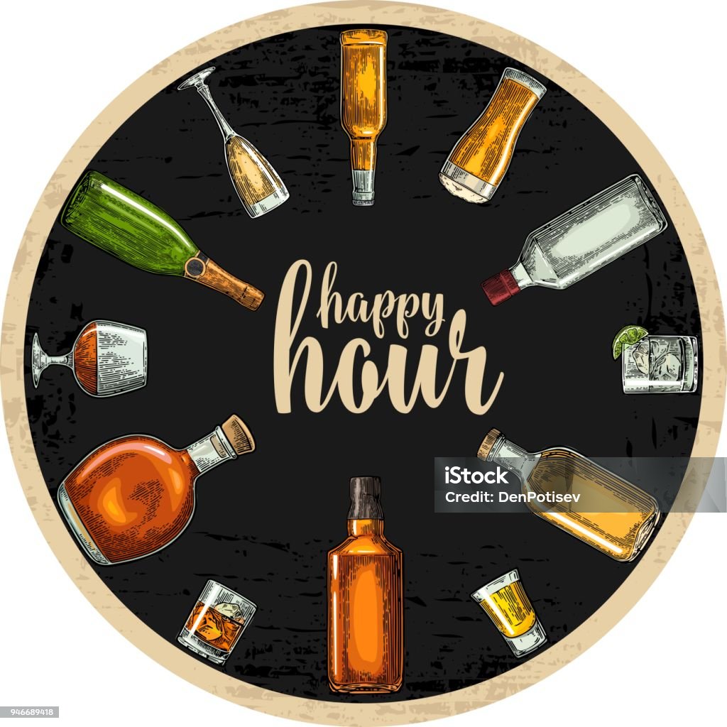 Coaster with bottle and glass with beer, whiskey, tequila, cognac, rum. Coaster with bottle and glass with beer, whiskey, tequila, cognac, champagne, rum. Vintage vector engraving illustration. Advertising design for pub on dark background Alcohol - Drink stock vector