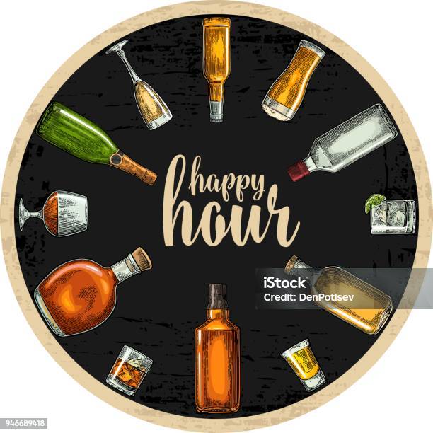 Coaster With Bottle And Glass With Beer Whiskey Tequila Cognac Rum Stock Illustration - Download Image Now