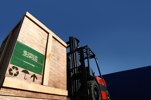 Forklift truck with boxes on pallet. Import export cargo concept.