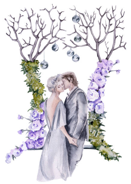 ilustrações, clipart, desenhos animados e ícones de noivo com a noiva sob o arco do casamento. isolado no fundo branco. - love husband kissing illustration and painting