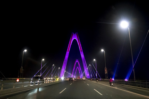 Nhat Tan bridge, Ha Noi capital , Vietnam - January 24, 2018: The Nhat Tan Bridge in night. Nhat Tan Bridge was designed and built to become a new icon of the capital