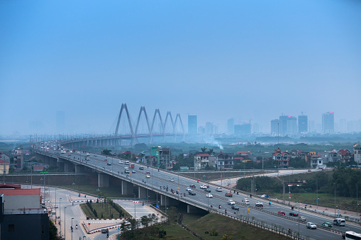 Nhat Tan bridge, Ha Noi capital , Vietnam - January 13, 2018: The Nhat Tan Bridge is a cable-stayed bridge crossing the Red River in Hanoi, inaugurated on January 4, 2015. Nhat Tan Bridge was designed and built to become a new icon of the capital