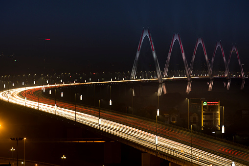 Nhat Tan bridge, Ha Noi capital , Vietnam - January 13, 2018: The Nhat Tan Bridge is a cable-stayed bridge crossing the Red River in Hanoi, inaugurated on January 4, 2015. Nhat Tan Bridge was designed and built to become a new icon of the capital