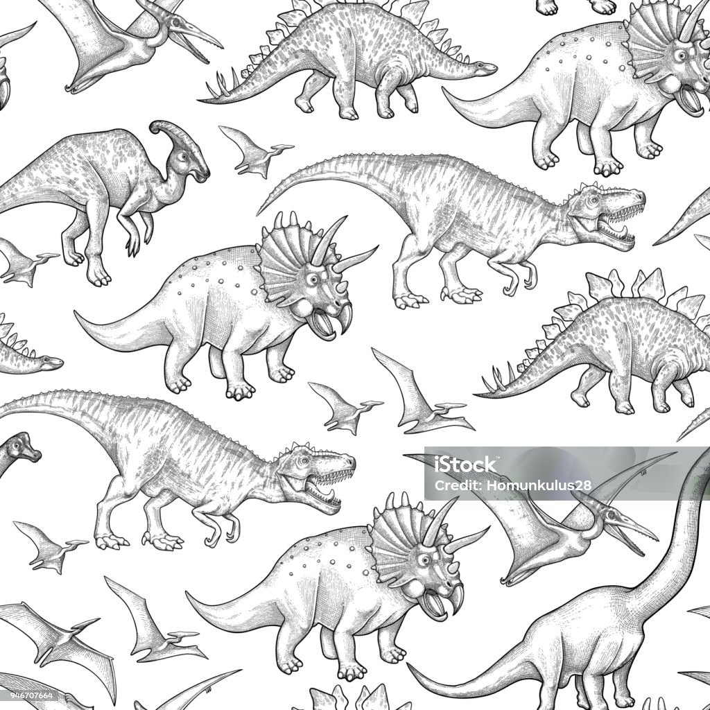 ÐÑÐ½Ð¾Ð²Ð½ÑÐµ RGB Graphic collection of dinosaurs. Vector seamless pattern drawn in engraving technique. Coloring book page design. Dinosaur stock vector