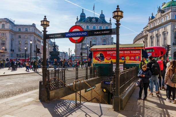 This is the entrance to Piccadilly underground station in the downtown area on March 21, 2018 in London