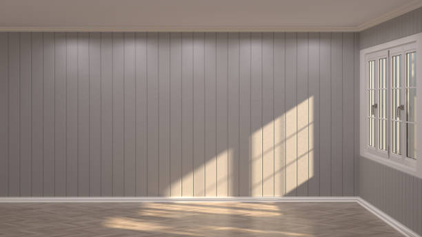 istock Empty room gray wall 3D rendering wall mockup background Interior wooden floor 946735230