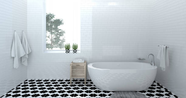 istock empty bathroom interior,toilet,shower,modern home design 3d rendering for copy space background white tile bathroom 946735236