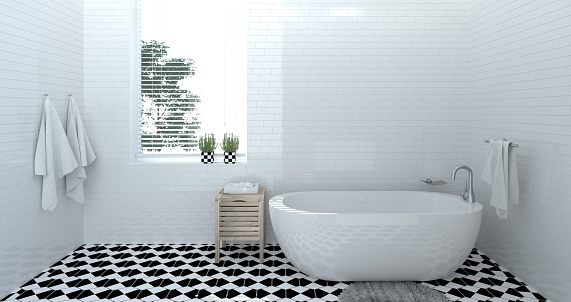 empty bathroom interior,toilet,shower,modern home design 3d rendering for copy space background white tile bathroom