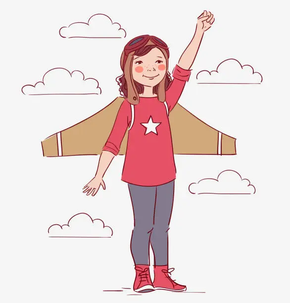 Vector illustration of Little girl dreaming of becoming a pilot