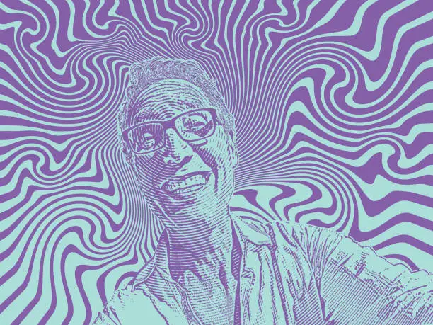 Vector illustration of Funny selfie of happy man and psychedelic background