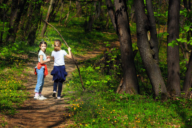 dwoje małych dzieci, dziewczyny idące przez las - footpath small green white zdjęcia i obrazy z banku zdjęć