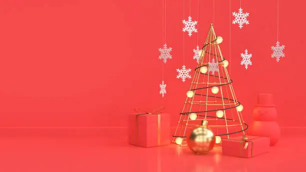 red scene of christmas background new year holiday concept metallic gold abstract christmas tree right gift box red ball wall floor 3d rendering
