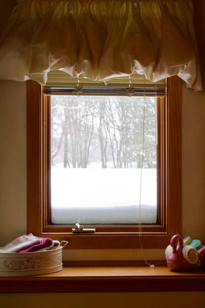 istock Window view of blizzard from inside a cozy room 946759826