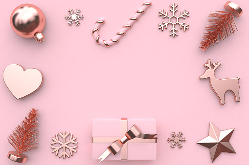 abstract pink metallic glossy-rose gold ribbon gift box snow tree heart christmas ball candy reindeer star christmas holiday new year concept 3d rendering minimal pink background