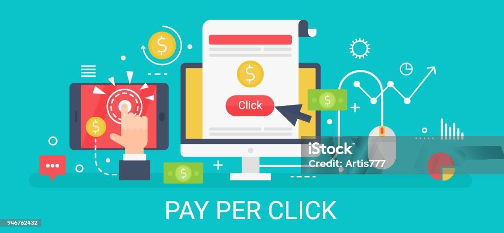 Flat modern vector concept Pay per click banner with icons and text. Computer Mouse stock vector