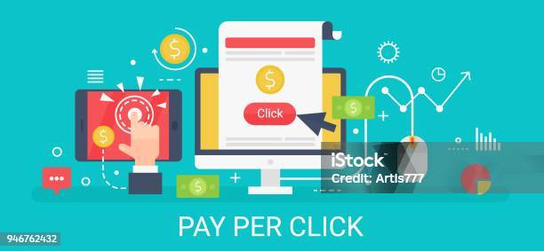 Flat Modern Vector Concept Pay Per Click Banner With Icons And Text Stock Illustration - Download Image Now