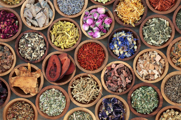 Herb and Spice Abstract Border Herbal medicine used in alternative remedies with a variety of dried herbs and flowers in wooden bowls. Top view. herb stock pictures, royalty-free photos & images