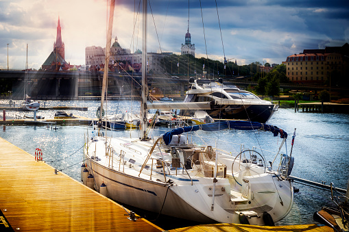 Home city marina with sea yachts and view of the Szczecin old town, Poland