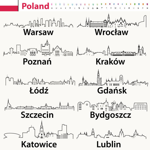 ilustraciones, imágenes clip art, dibujos animados e iconos de stock de vector iconos de contorno de skylines de las ciudades de polonia con la bandera de polonia - voivodato de pomerania