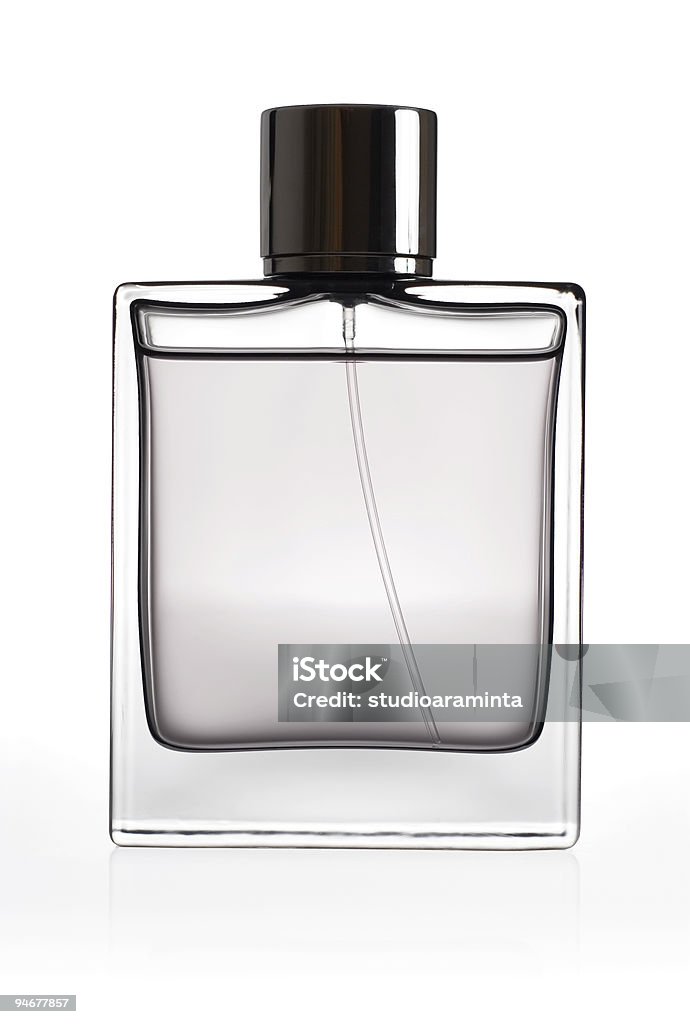 Clear perfume bottle model isolated on a white background Bottle of perfume isolated over a white background.  Perfume Stock Photo