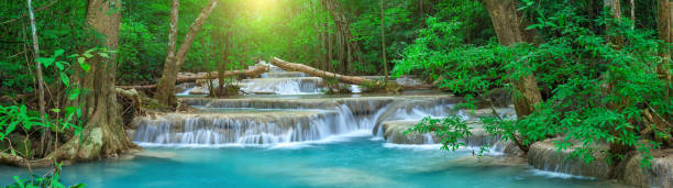 panorama schöne tiefe wald wasserfall in thailand - erawan beauty in nature waterfall clean stock-fotos und bilder