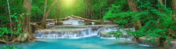 Photo of Panoramic beautiful deep forest waterfall in Thailand