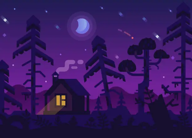 Vector illustration of Hunting Lodge in the Night Forest