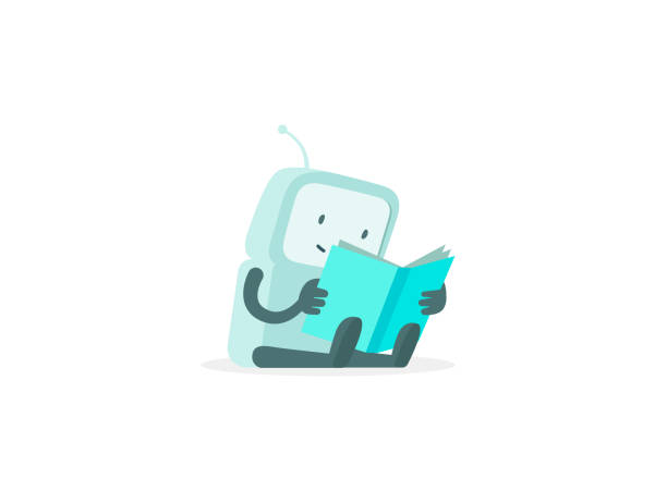 The robot sits reading book. Instructions user guide. Error page not found. Flat color vector illustration The robot sits reading book. Instructions user guide. Error page not found. Flat color vector illustration stock clipart spaceman reading stock illustrations