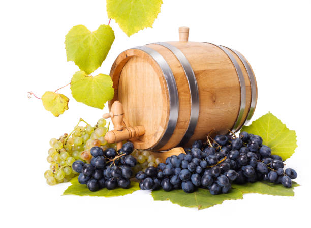 White and blue grape clusters around barrel stock photo
